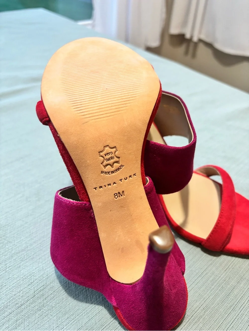 NEW Trina Turk Two-Band Suede Slip-on Mule Heels in Purple Hot Pink Leather 8 M